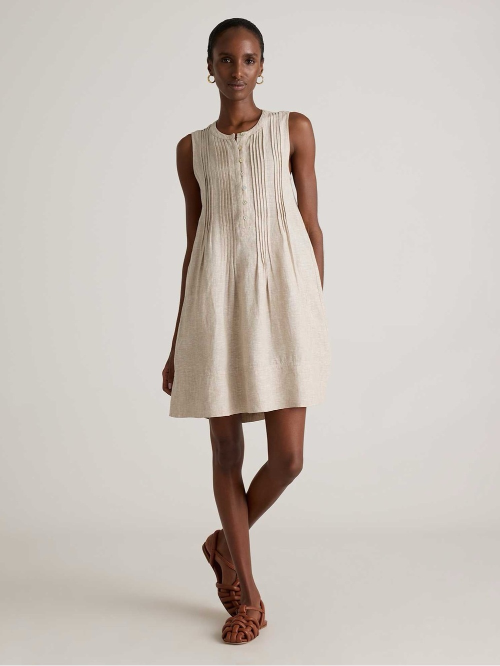 Quince Sleeveless Pintuck Mini Dress in Beige